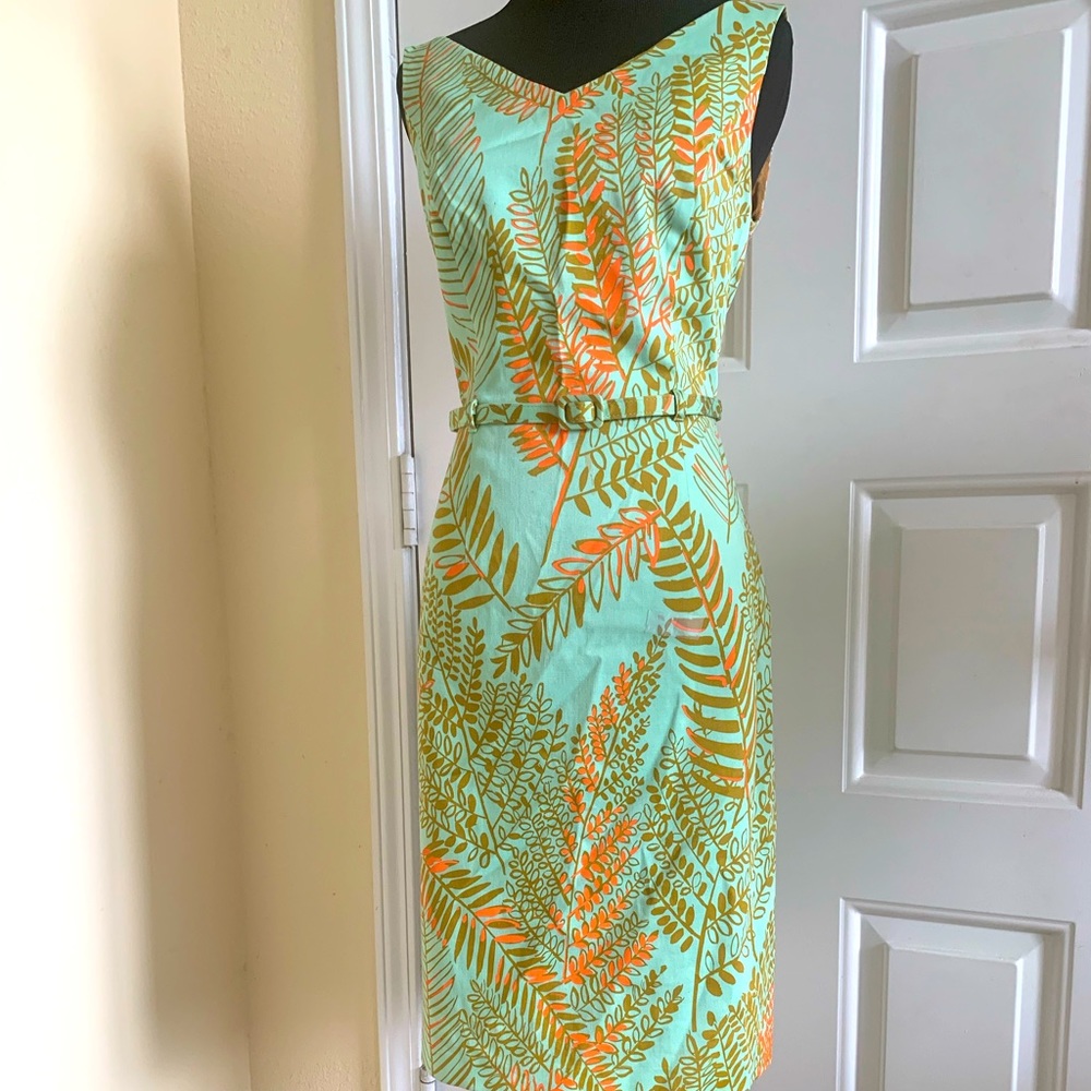 David Meister Mint Green And Peach Linen Belted Sheath Dress Size 4